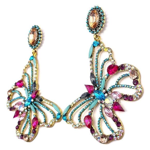 Large Yellow Gold with Colorful Crystal Dangling Post Back Butterfly Earrings - Picture 3 of 9